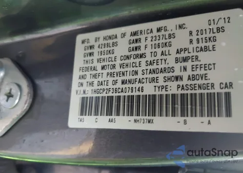 2012 Honda Accord 2.4 Lx z USA, uszkodzony, nr VIN 1HGCP2F36CA079146